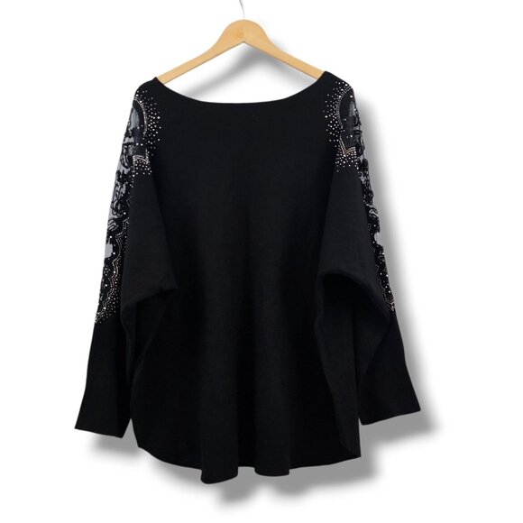 Tahari Black Sweater Rhinestone Sheer Lace Embellished Sleeves Womens 3X Holiday - Picture 5 of 9